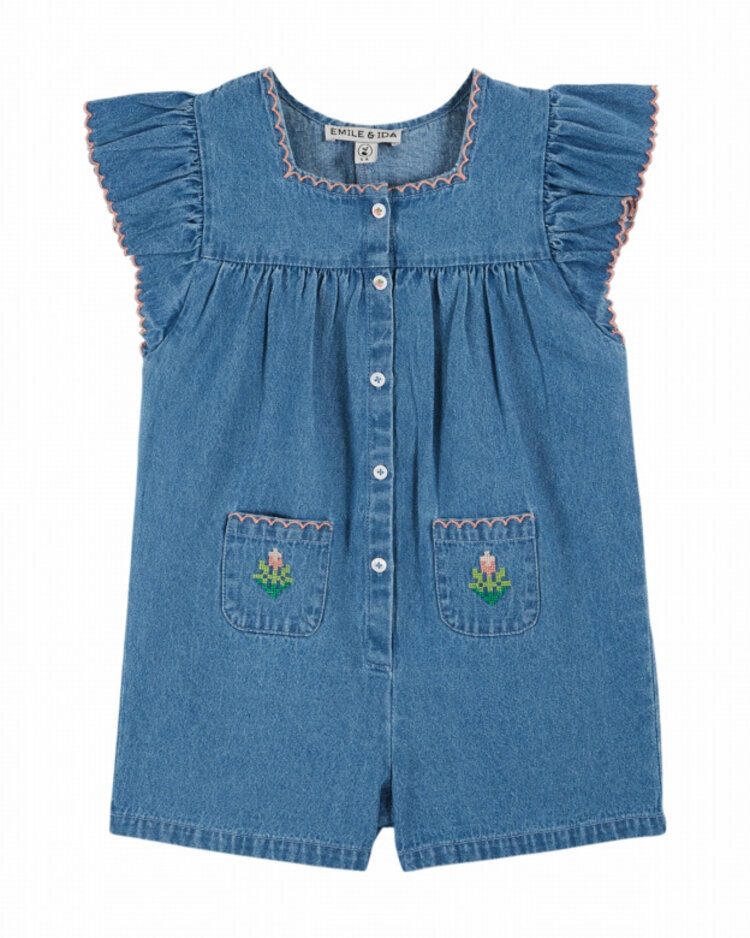 Emile et ida Combi Courte Poches Brodees - Denim Light