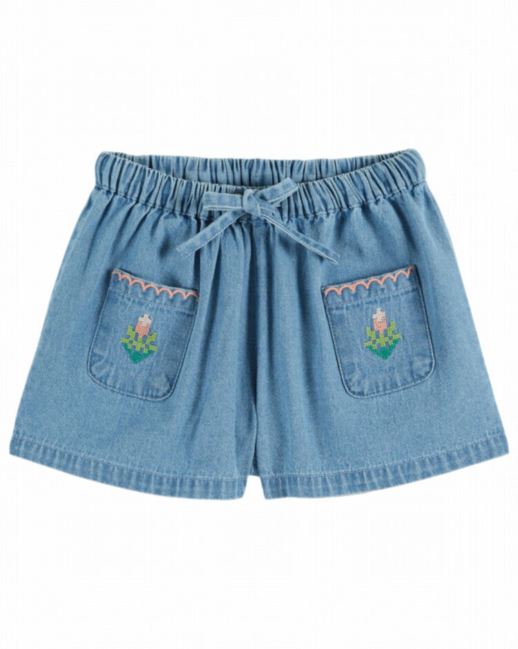 Emile et ida Short Denim Brode Rose - Light Denim