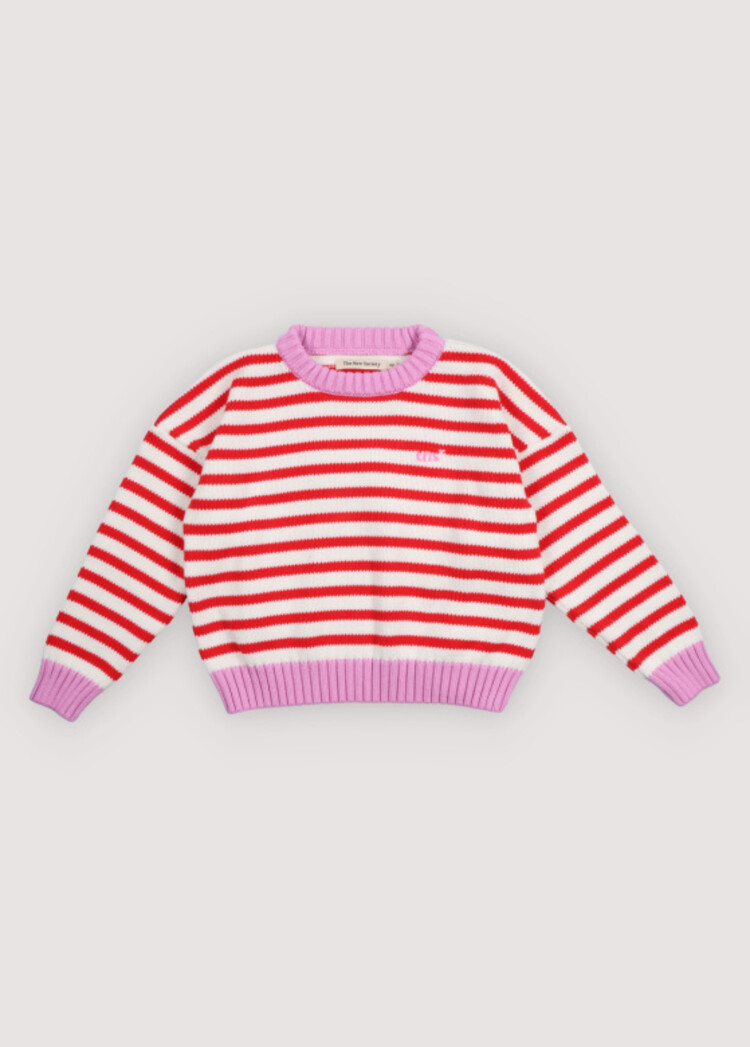 The New Society Marigold Jumper - Tulip Red & Pink Lavander Stripes