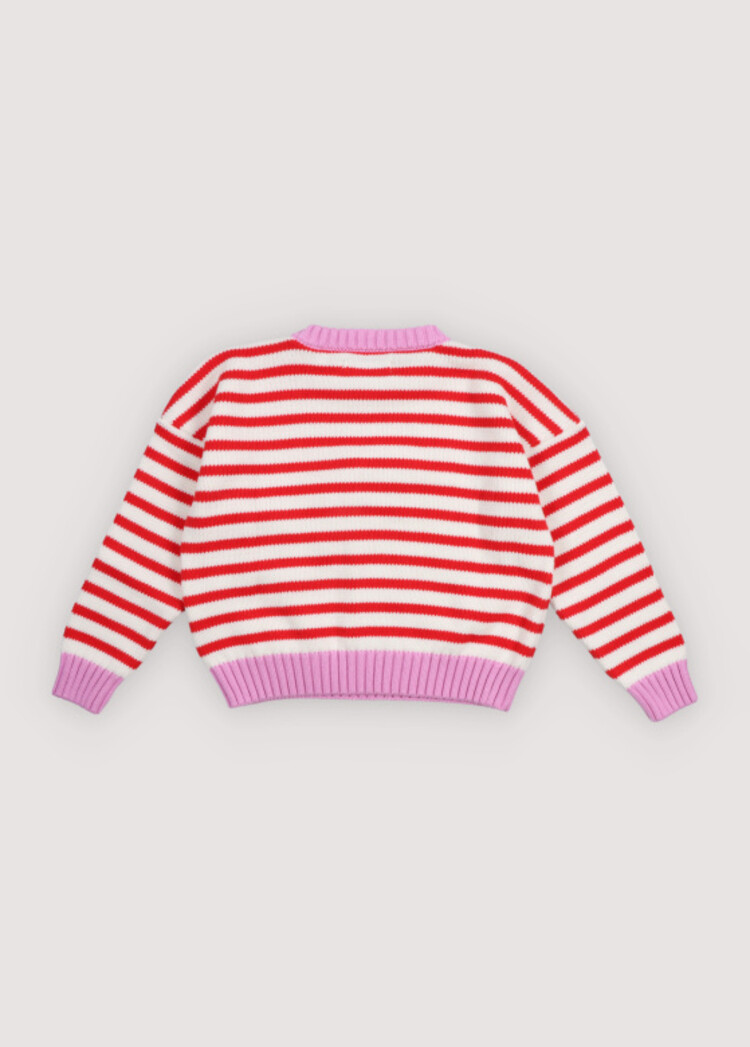 The New Society Marigold Jumper - Tulip Red & Pink Lavander Stripes