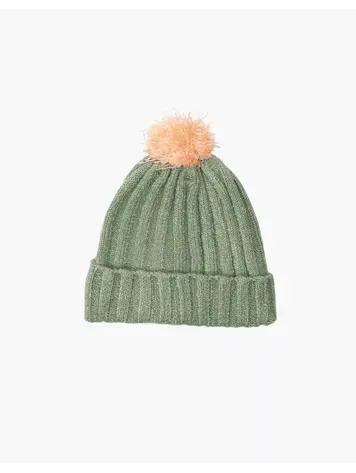 Minikane Barry Green Knitted Beanie With Orange Pom-Pom