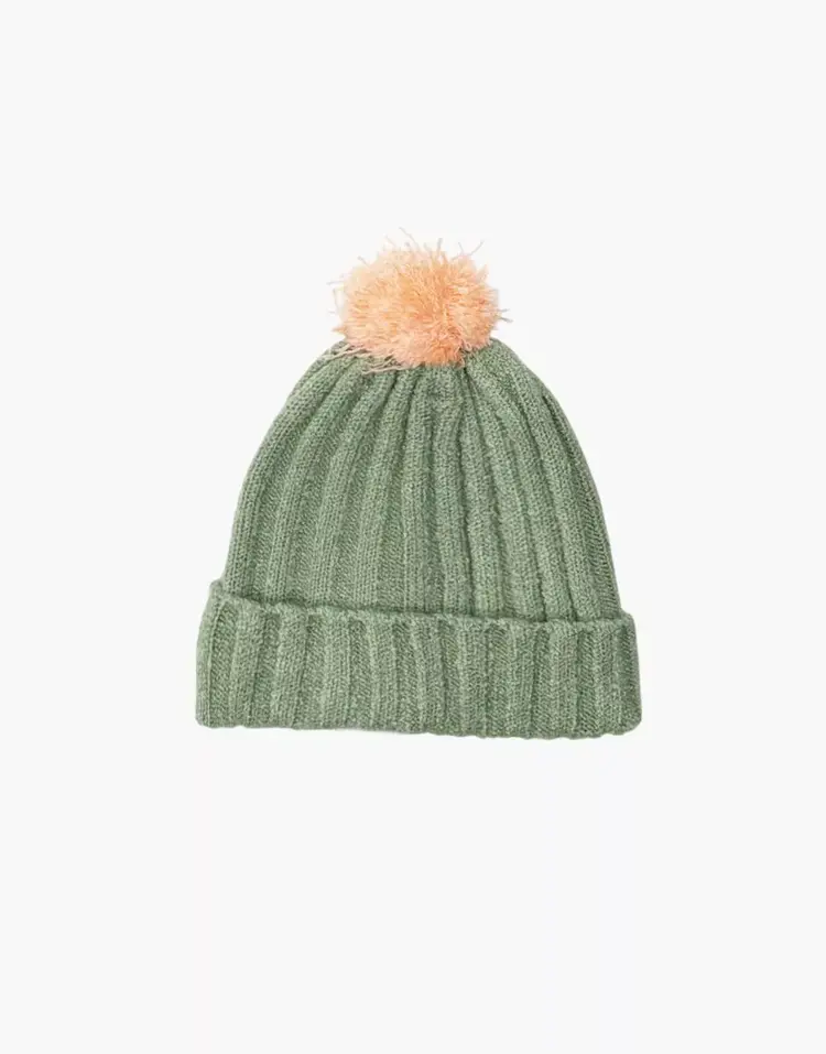 Minikane Barry Green Knitted Beanie With Orange Pom-Pom