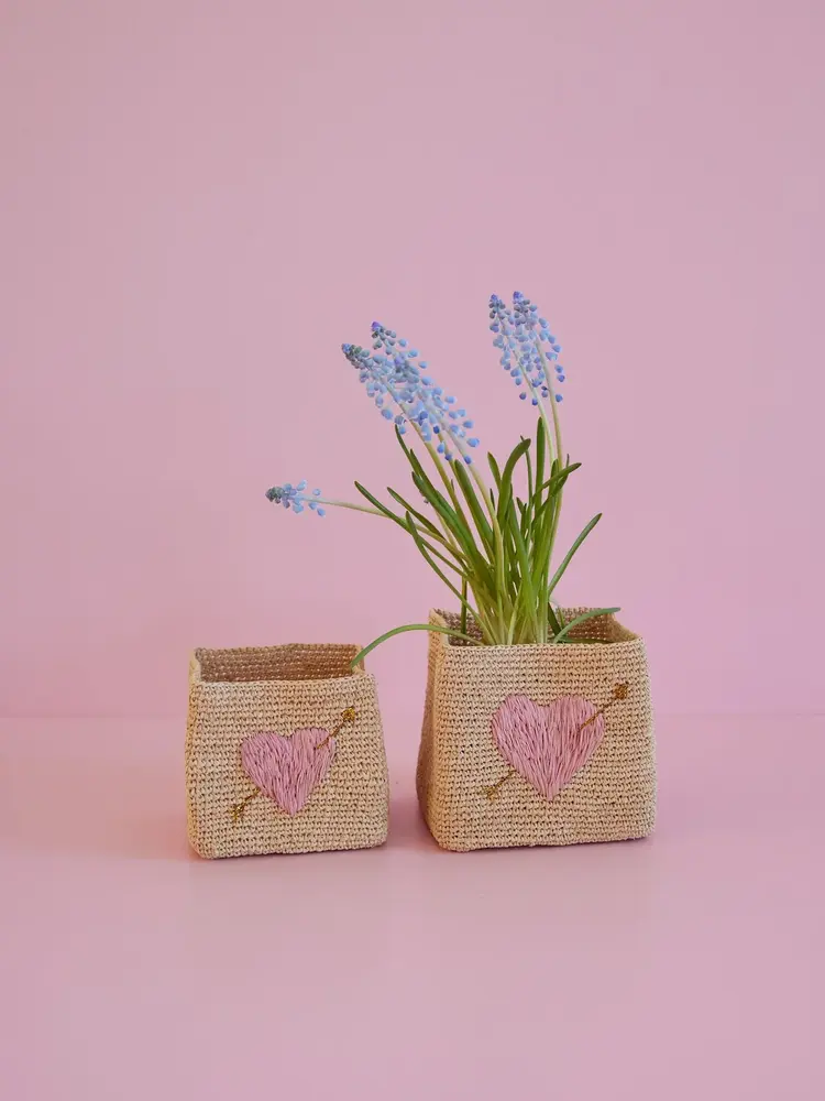 Rice Square Raffia Storage Basket - Pink Heart - Set of 2