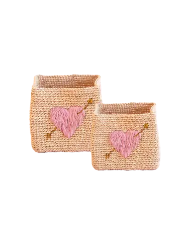 Opbergmandjes Raffia - Pink Heart - Set van 2