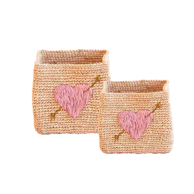 Opbergmandjes Raffia - Pink Heart - Set van 2