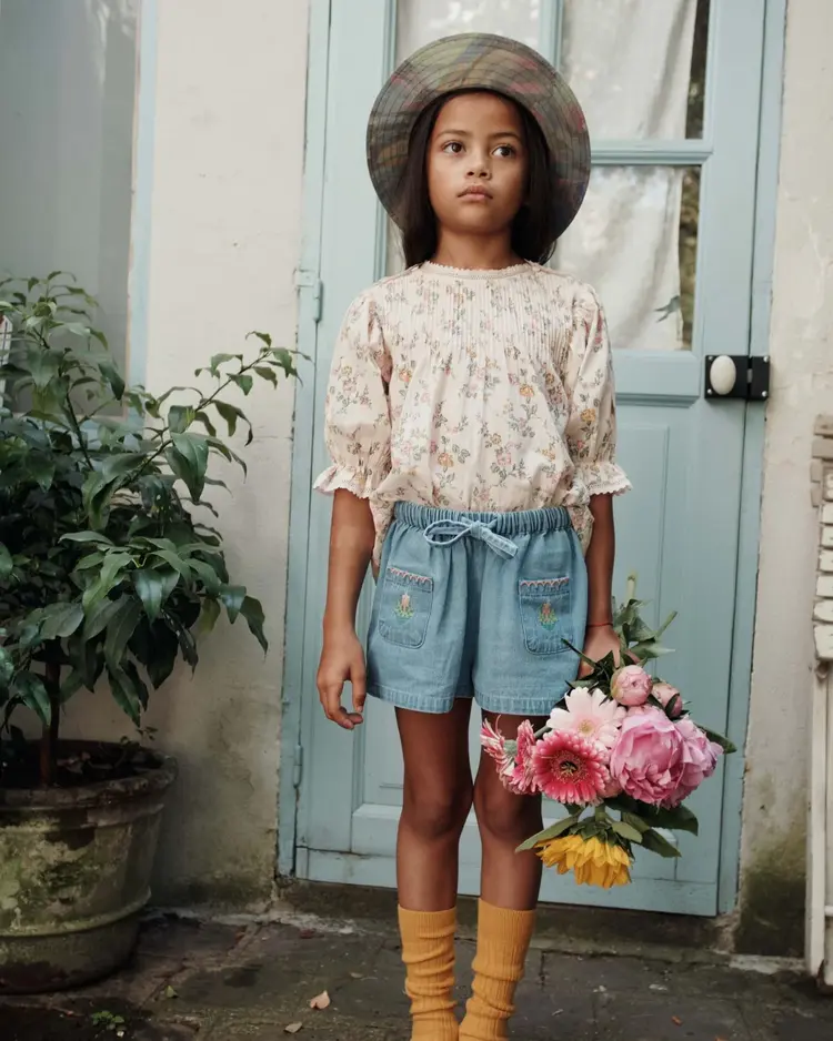 Emile et ida Short Denim Brode Rose - Light Denim