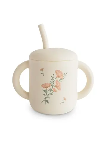 Mushie Training Beker & Rietje - Pink Flowers