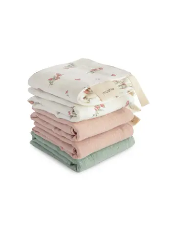 Mushie Muslin Cotton Washcloth - 5-pack - Pink Flowers