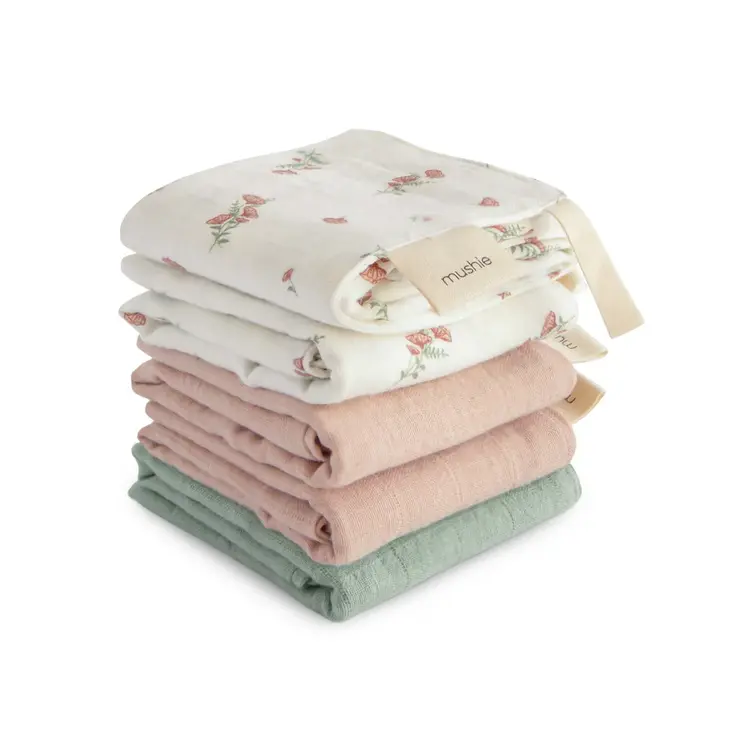 Mushie Washandjes Muslin - 5-pack - Pink Flowers