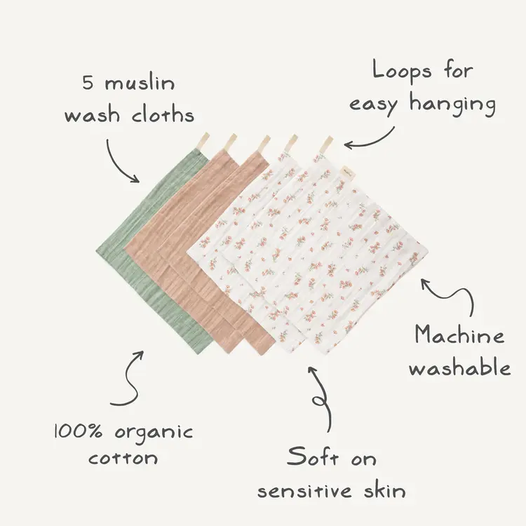 Mushie Washandjes Muslin - 5-pack - Pink Flowers