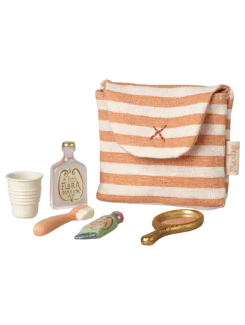 Maileg Toothbrush Set In Bag, Mouse - Coral Stripe