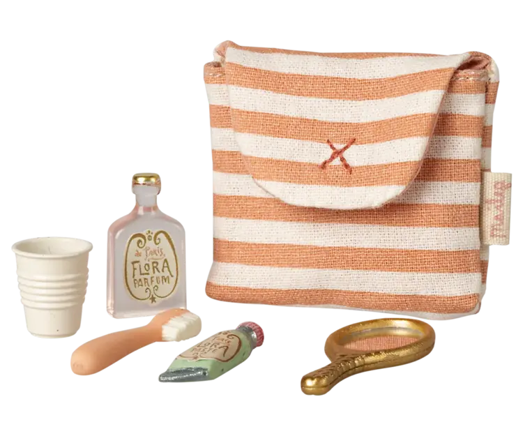 Maileg Toothbrush Set In Bag, Mouse - Coral Stripe