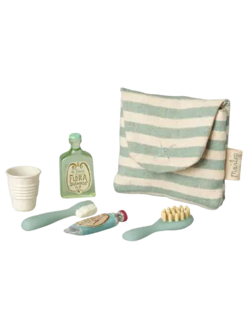 Maileg Toothbrush Set In Bag, Mouse - Blue stripe