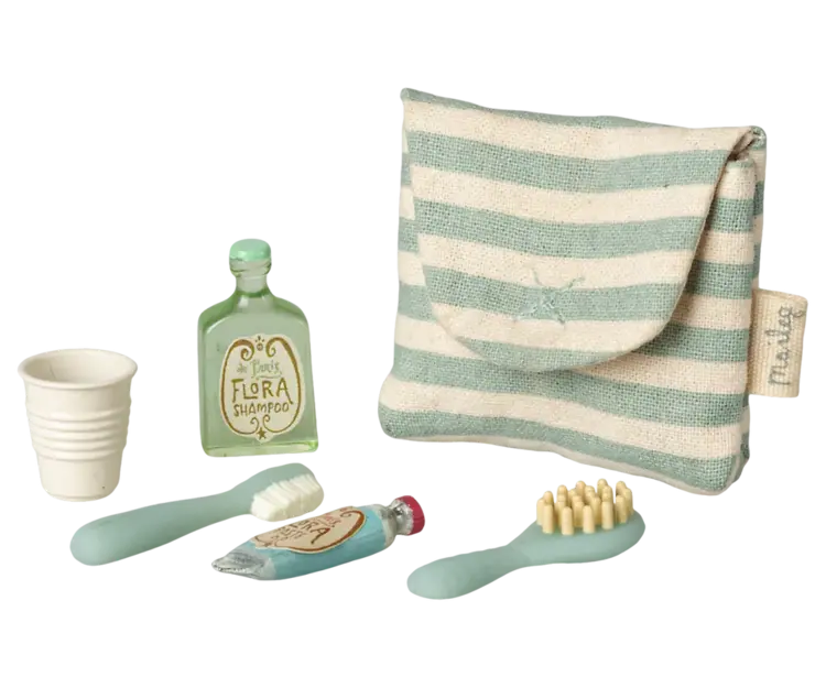 Maileg Toothbrush Set In Bag, Mouse - Blue stripe