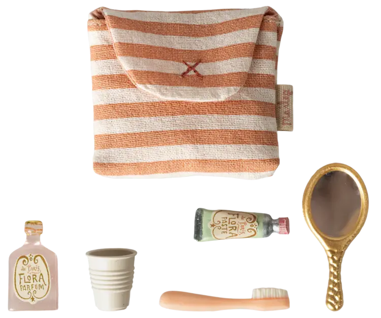Maileg Toothbrush Set In Bag, Mouse - Coral Stripe