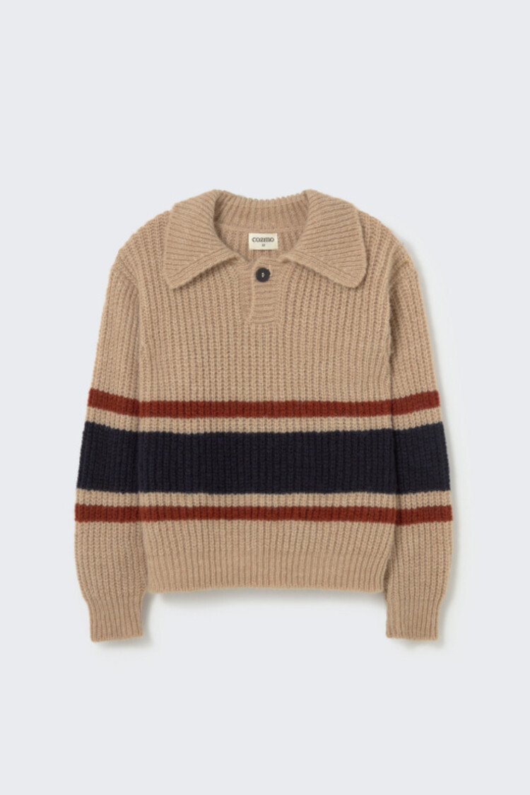 COZMO Bari Striped Polo Sweater - Stone