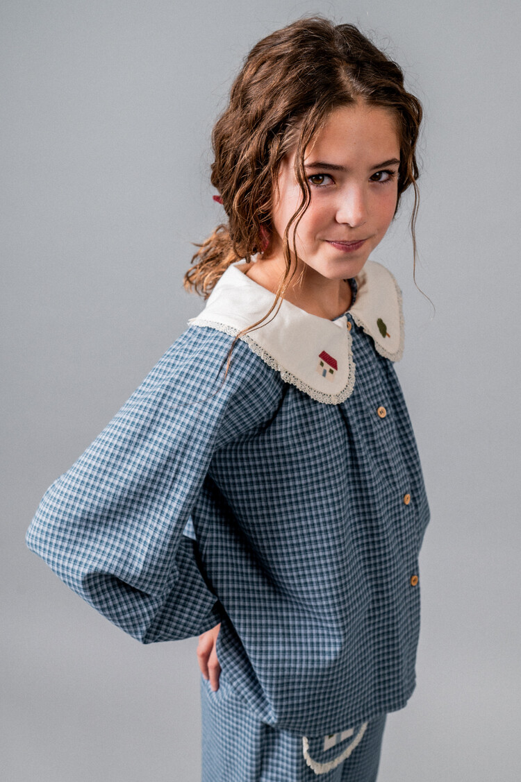 Birinit Embroided Blouse - Vichy Indigo