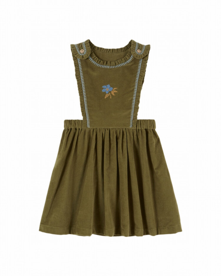 Emile et ida Robe Tablier Brodee Velours - Pistache
