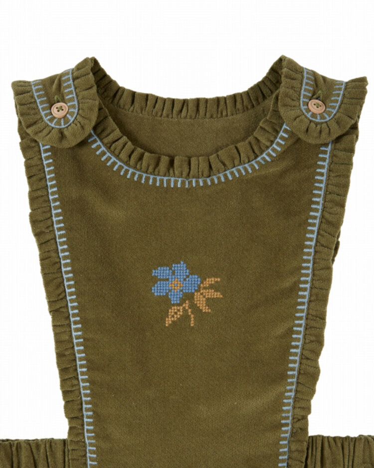 Emile et ida Robe Tablier Brodee Velours - Pistache
