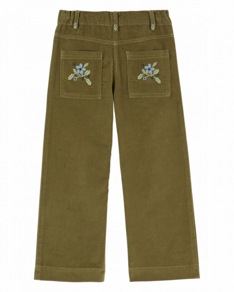 Emile et ida Pantalon Poche Brodee Velours - Pistache