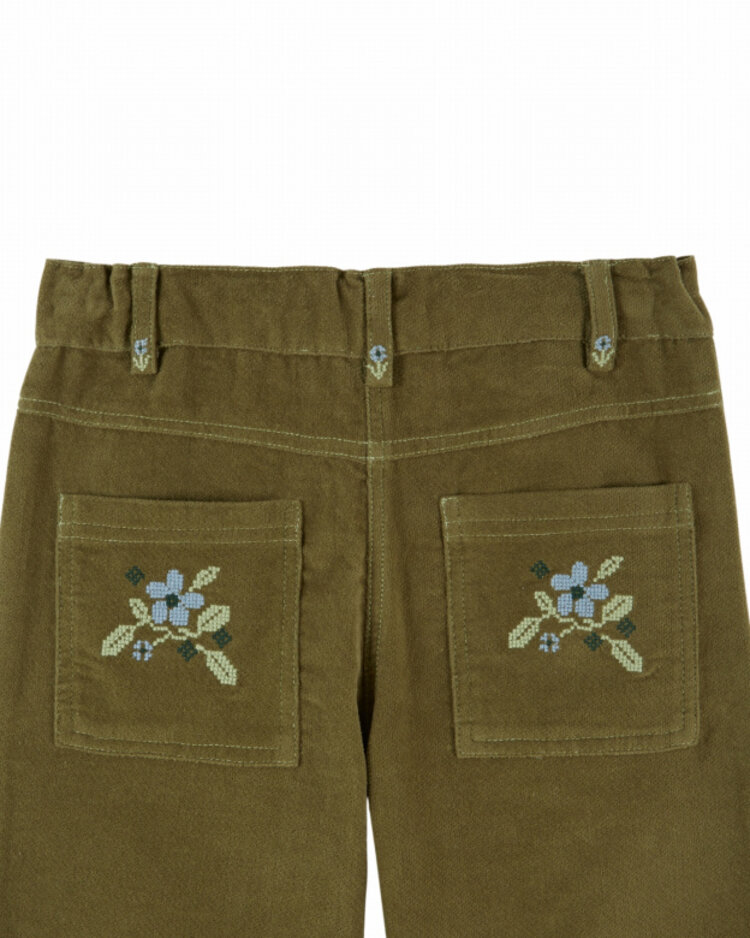 Emile et ida Pantalon Poche Brodee Velours - Pistache