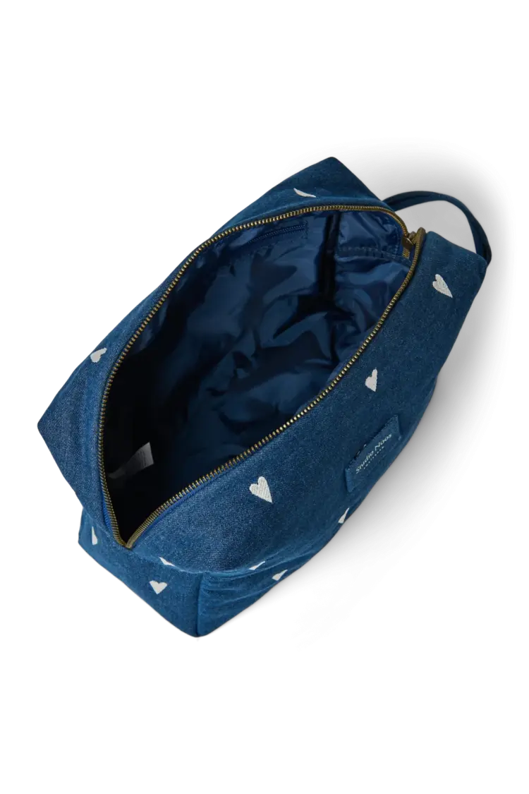 Studio Noos Denim Toiletry Bag - Dark Blue White Hearts