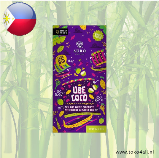 Auro White Chocolate 32% Ube with Coconut and Puffed Rice 60 gr