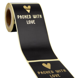 100x Verschlussaufkleber 'Packed with love' Schwarz-Gold