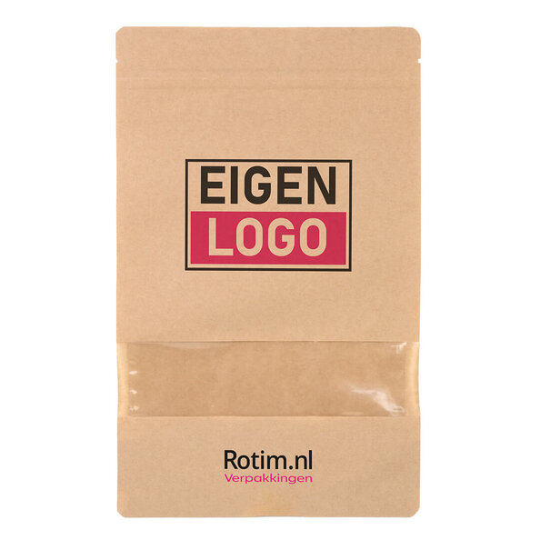 Lieferzeit ca. 5 Werktage Standbodenbeutel bedrucken - Braun mit Fenster 18x29cm