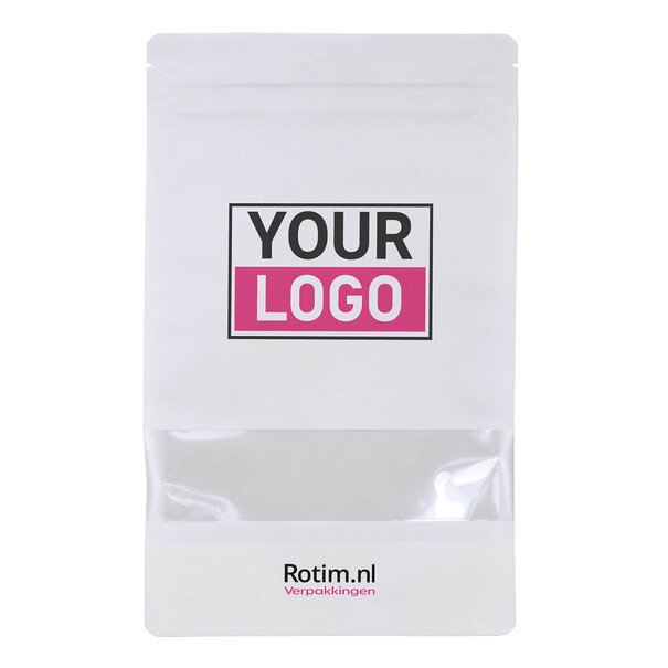 Lieferzeit ca. 5 Werktage Standbodenbeutel bedrucken -Weiß mit Fenster 18x29cm