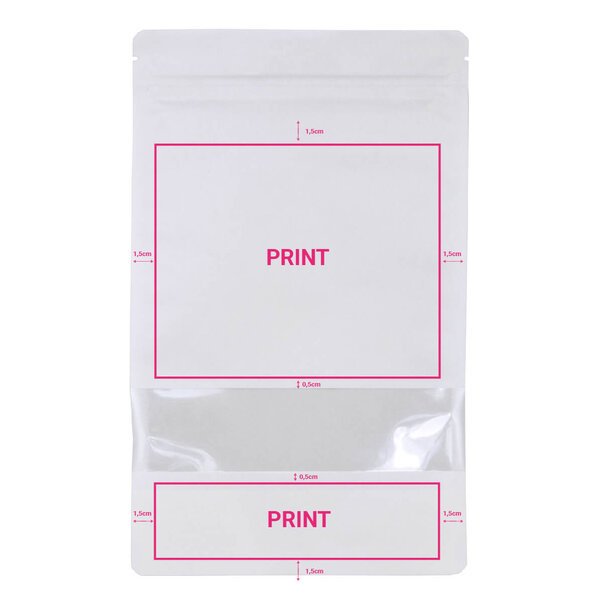 Lieferzeit ca. 5 Werktage Standbodenbeutel bedrucken - Weiß mit Fenster 13x22,5cm
