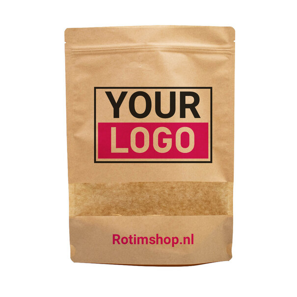 Lieferzeit ca. 5 Werktage Standbodenbeutel bedrucken - Braun mit Fenster 21x31cm