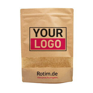 Standbodenbeutel bedrucken - Braun mit Fenster 21x31cm