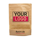 Standbodenbeutel bedrucken - Braun mit Fenster 25x34cm