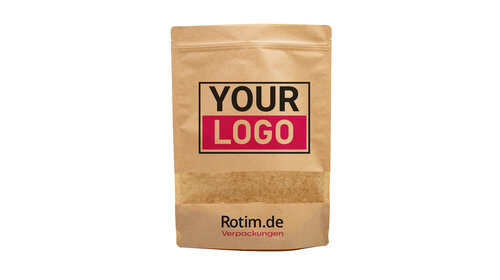 Standbodenbeutel bedrucken - Braun mit Fenster 25x34cm