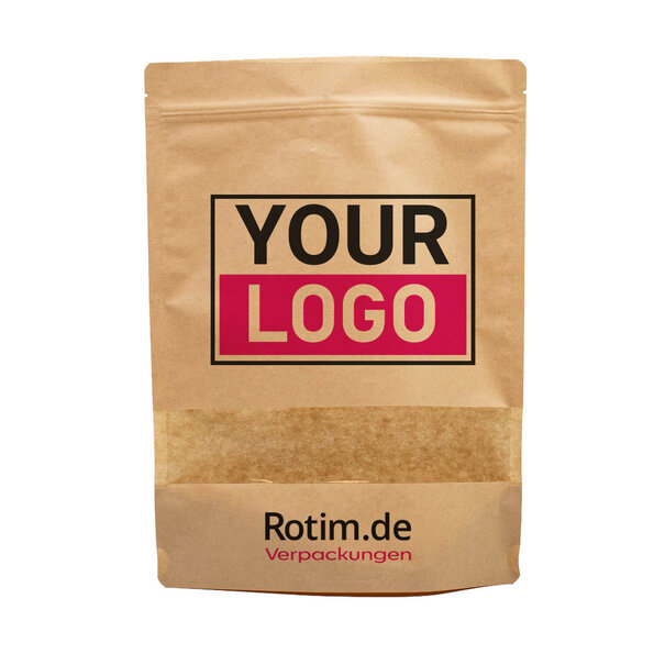 Lieferzeit ca. 5 Werktage Standbodenbeutel bedrucken - Braun mit Fenster 30x37cm