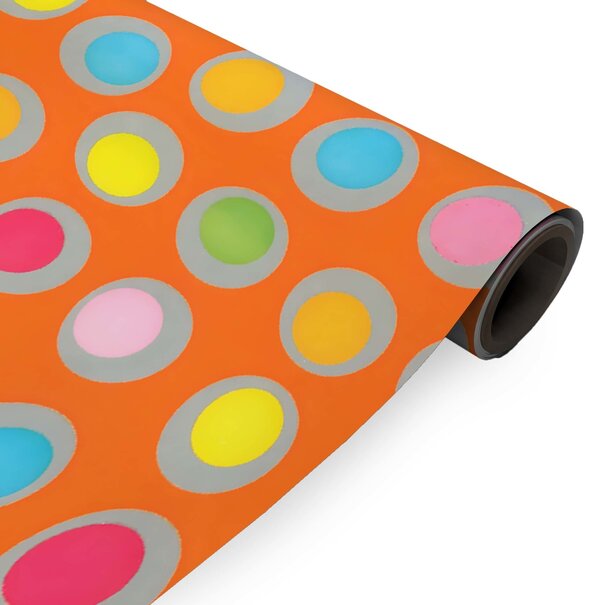 Levertijd ca. 5 werkdagen Inpakpapier Oranje + multicolour stippen 30cm x 200mtr