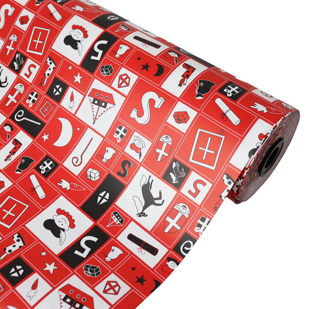Levering uit voorraad Inpakpapier Piet en Pakjes - Rood - 30cm x 100mtr