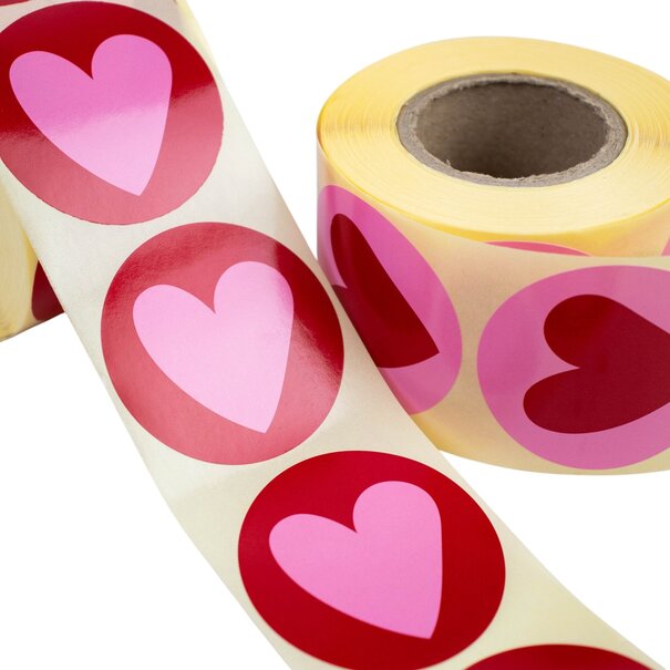 Levering uit voorraad 500x sticker 'Stripes heart' Roze-Rood 50mm