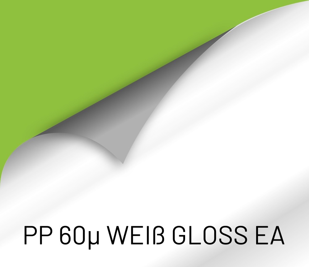 PP 60 Gloss: Weiße glänzende Folie mit grauer easy apply Klebeschicht