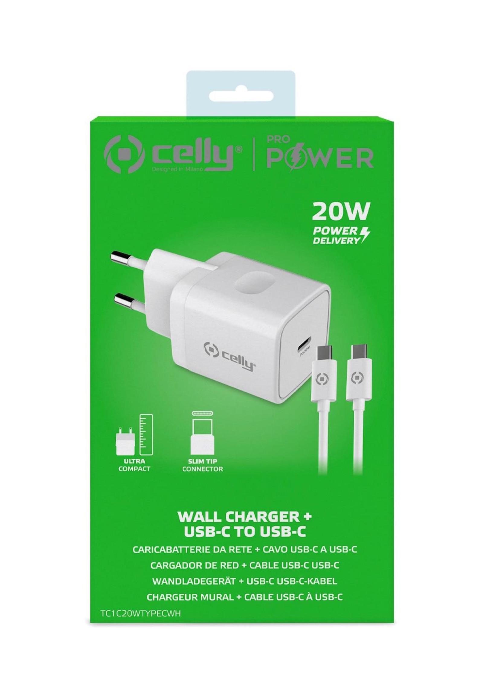 Celly Oplaadset - TC1C20WTYPEC - USB-C-wandoplader met USB-C naar USB-C-kabel 20W [PROPOWER]
