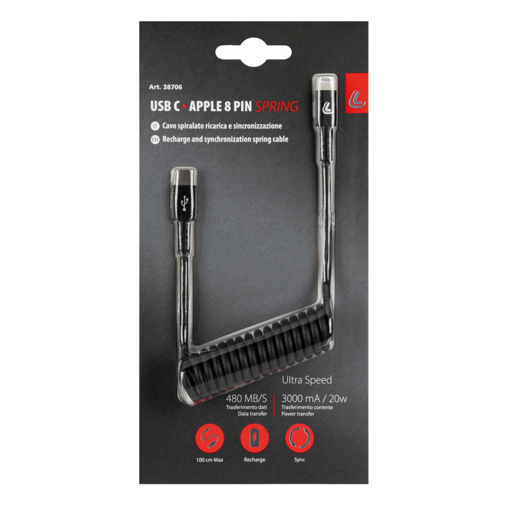 Optiline Spring cable Usb Type-C > Apple 8 Pin - 100 cm - Black