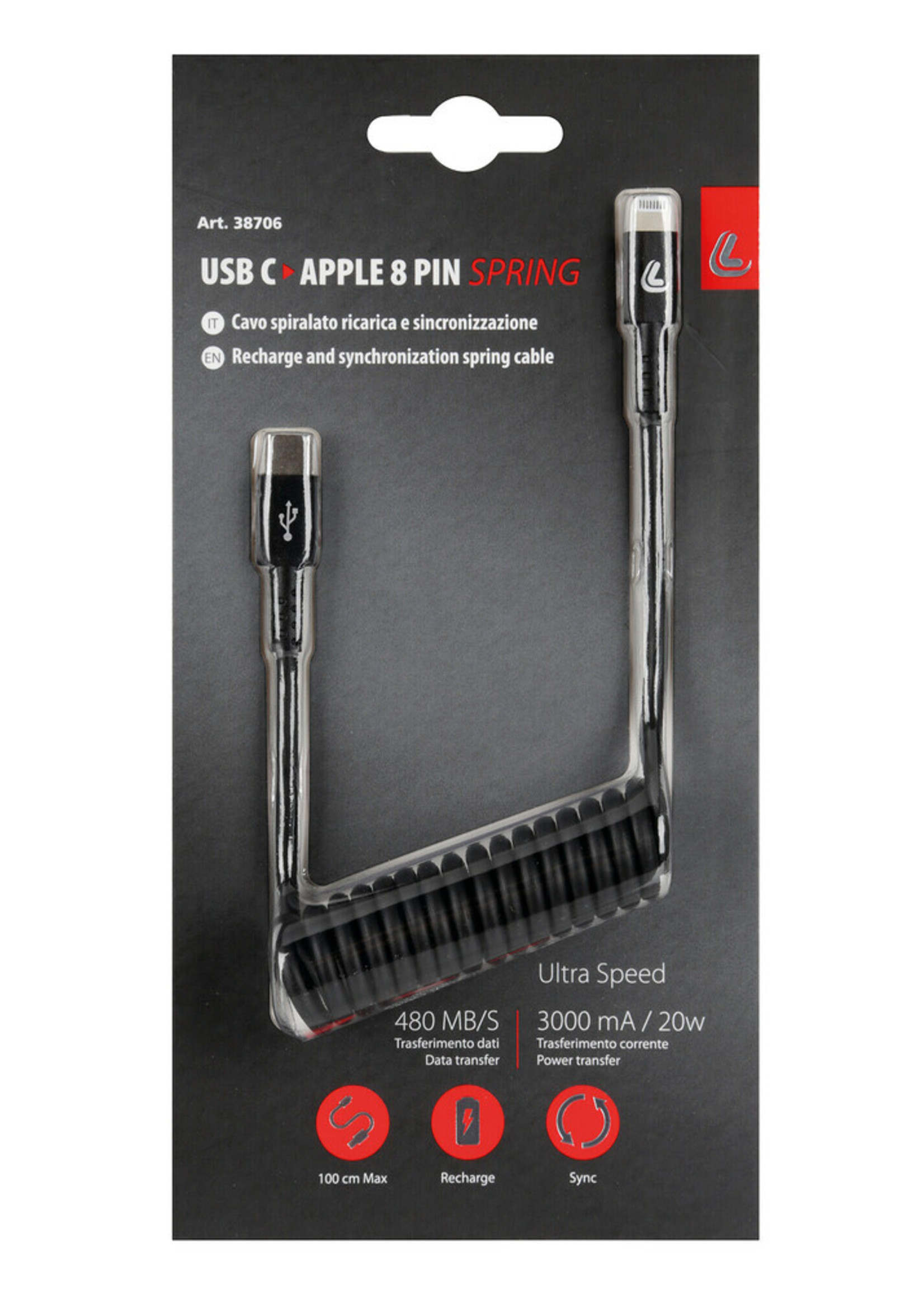 Optiline Spring cable Usb Type-C > Apple 8 Pin - 100 cm - Black