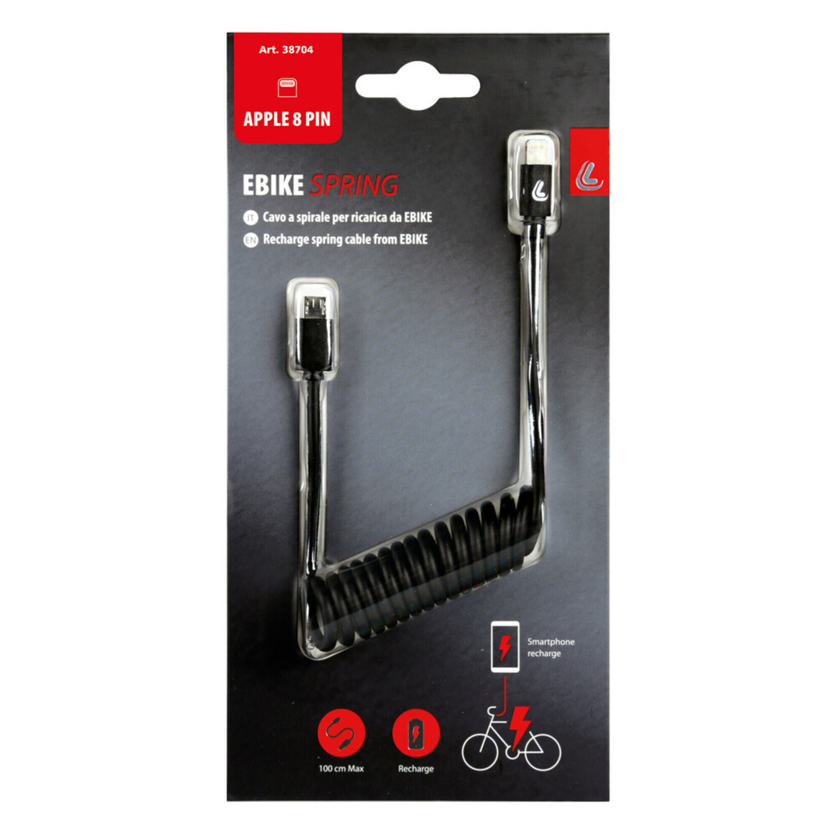 Optiline Krulkabel voor Ebike, Micro Usb > Apple 8 Pin