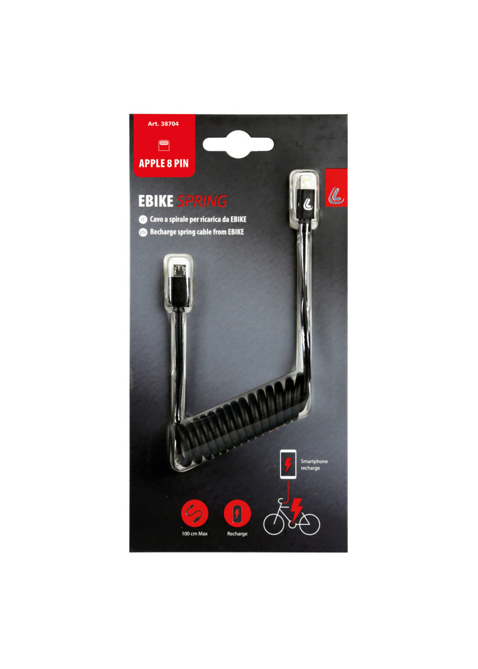 Optiline Spring cable for Ebike, Micro Usb > Apple 8 Pin