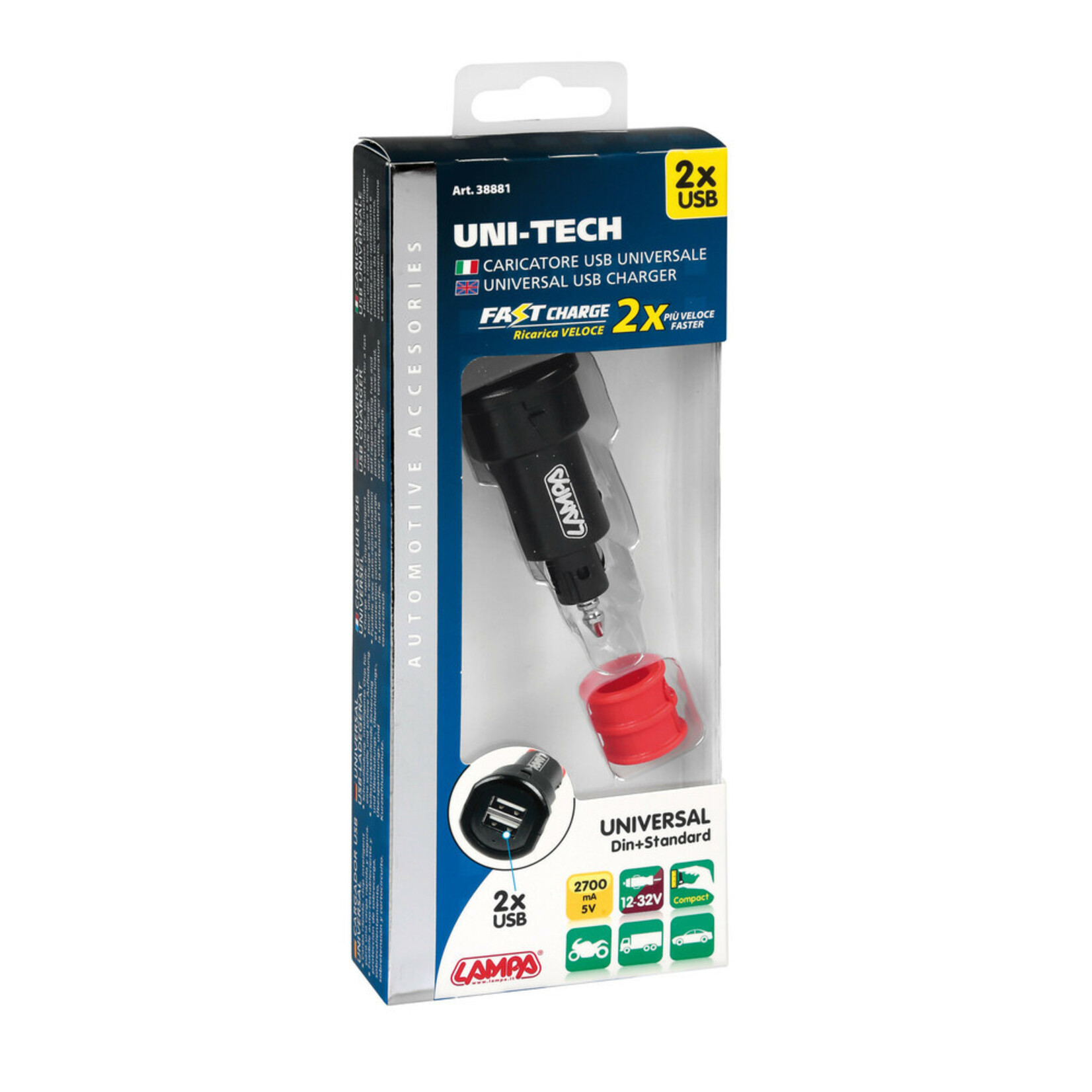Optiline Uni-Tech, 2 Usb ports universal charger - Fast Charge - 2700 mA - 12/32V