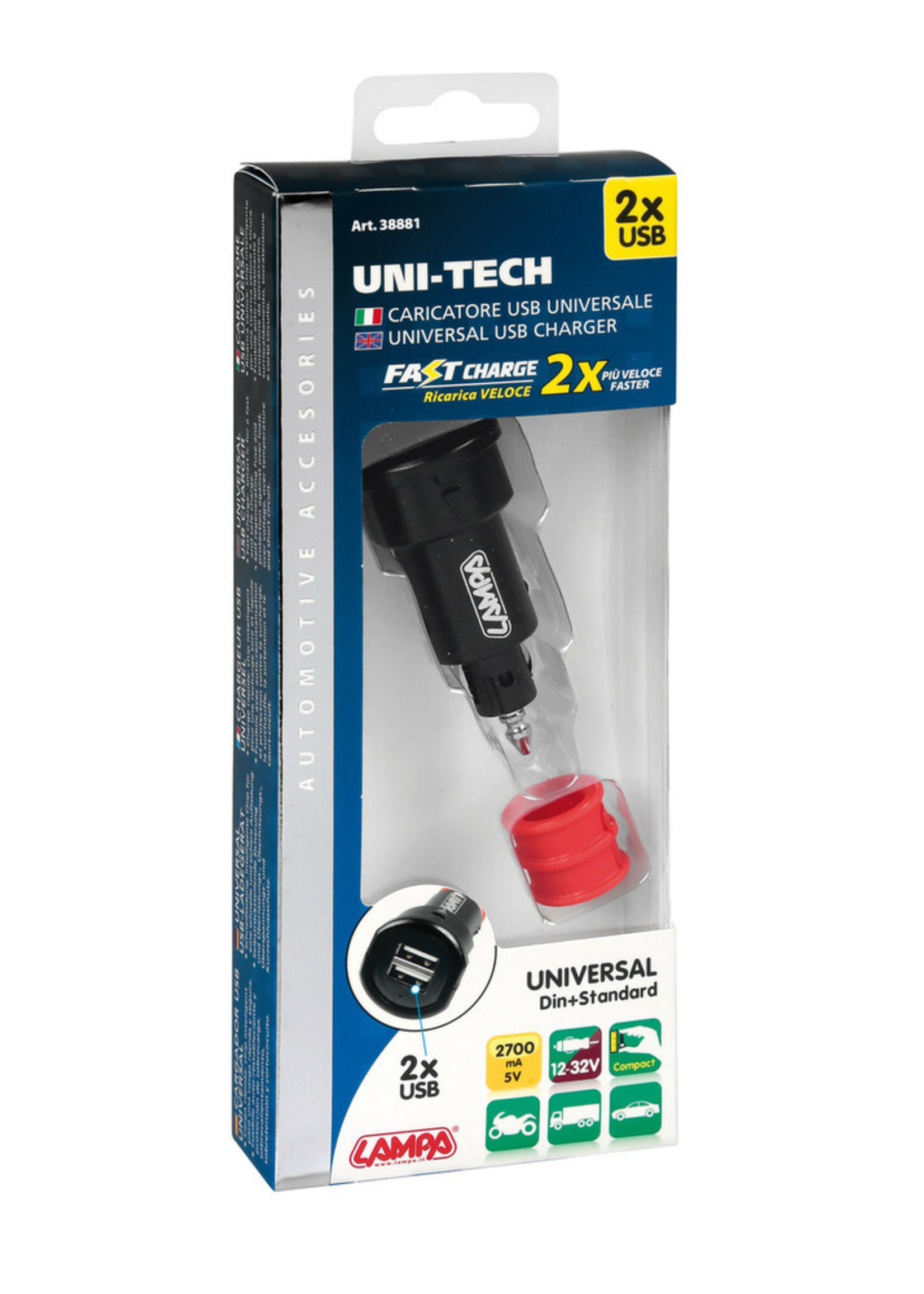 Optiline Uni-Tech, 2 Usb poorten universele lader - Fast Charge - 2700 mA - 12/32V