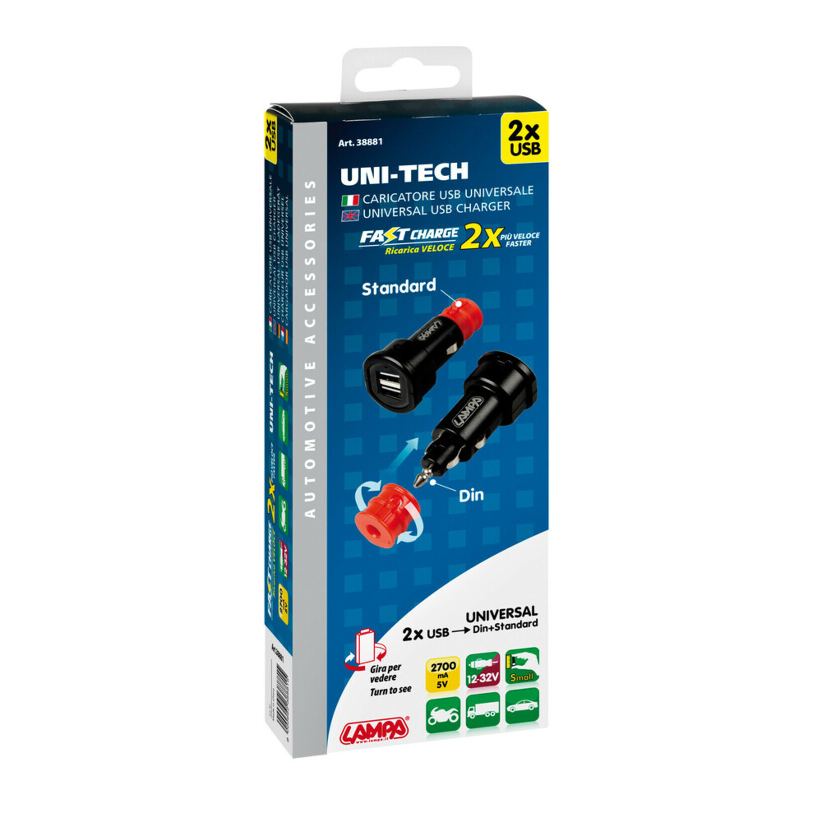 Optiline Uni-Tech, 2 Usb ports universal charger - Fast Charge - 2700 mA - 12/32V