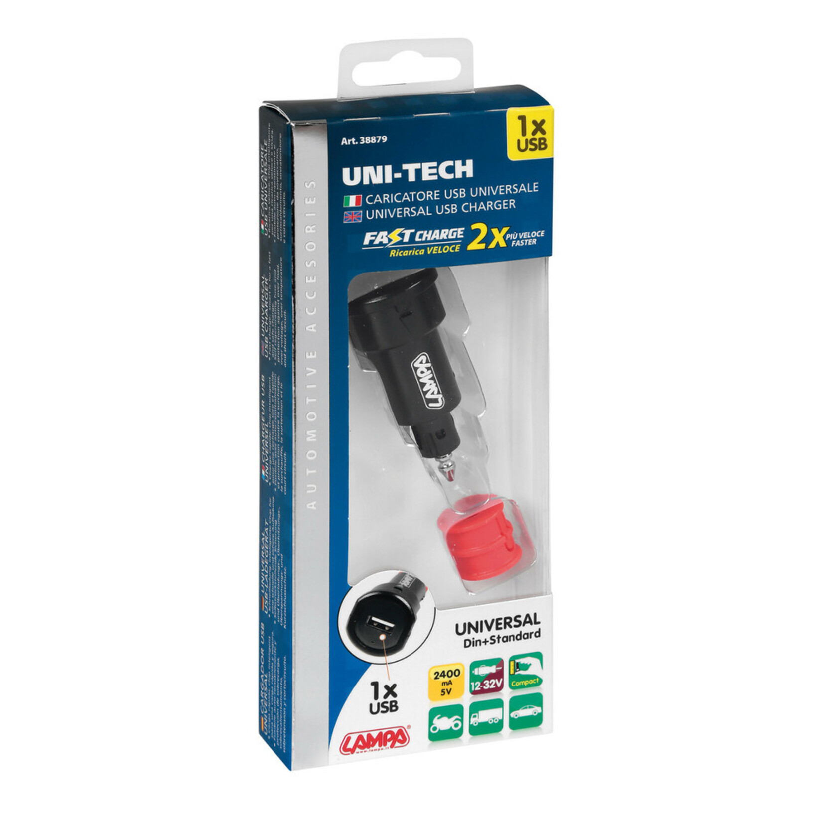 Optiline Uni-Tech, 1 Usb poort universele lader - Fast Charge - 2400 mA - 12/32V