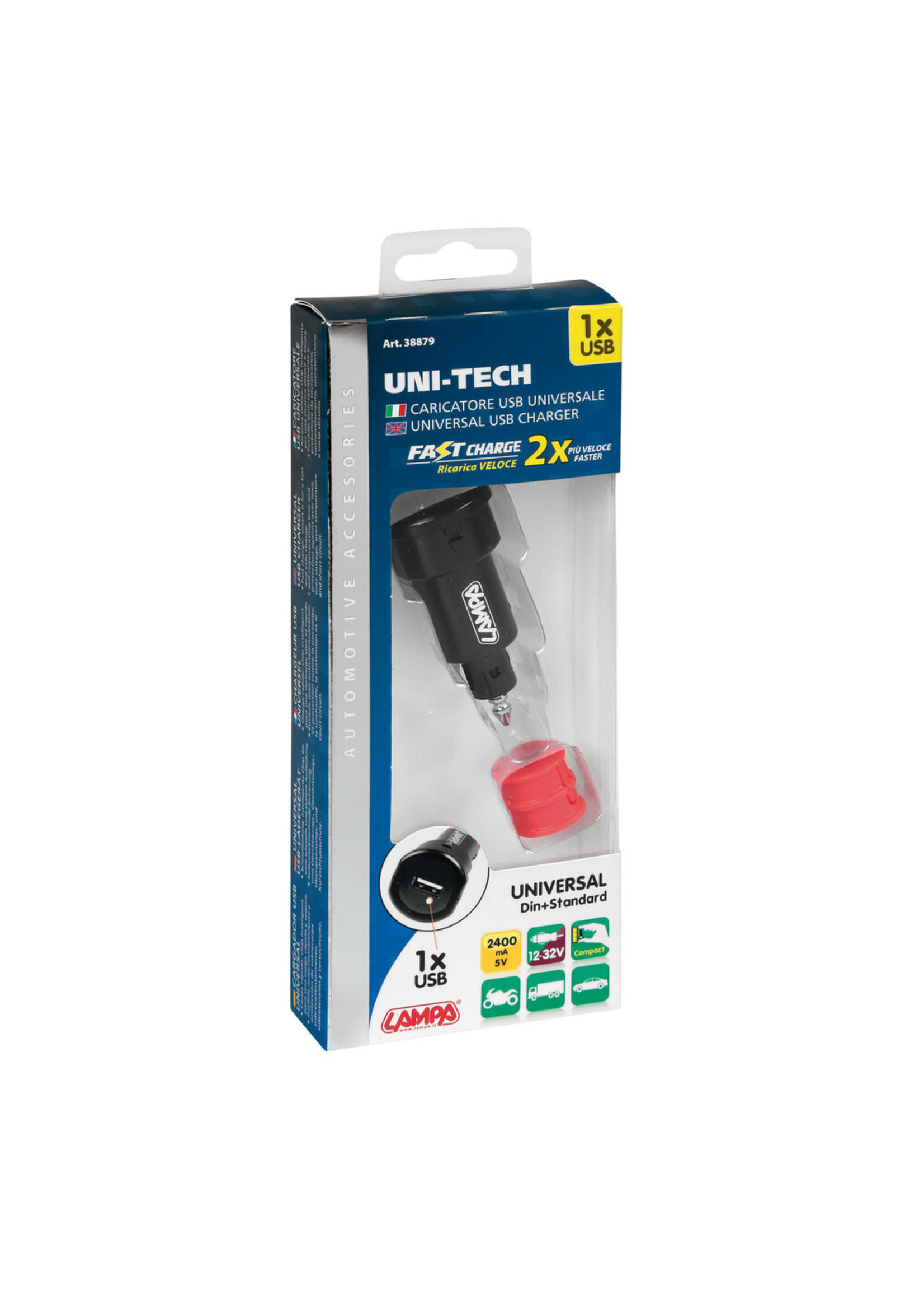 Optiline Uni-Tech, 1 Usb poort universele lader - Fast Charge - 2400 mA - 12/32V